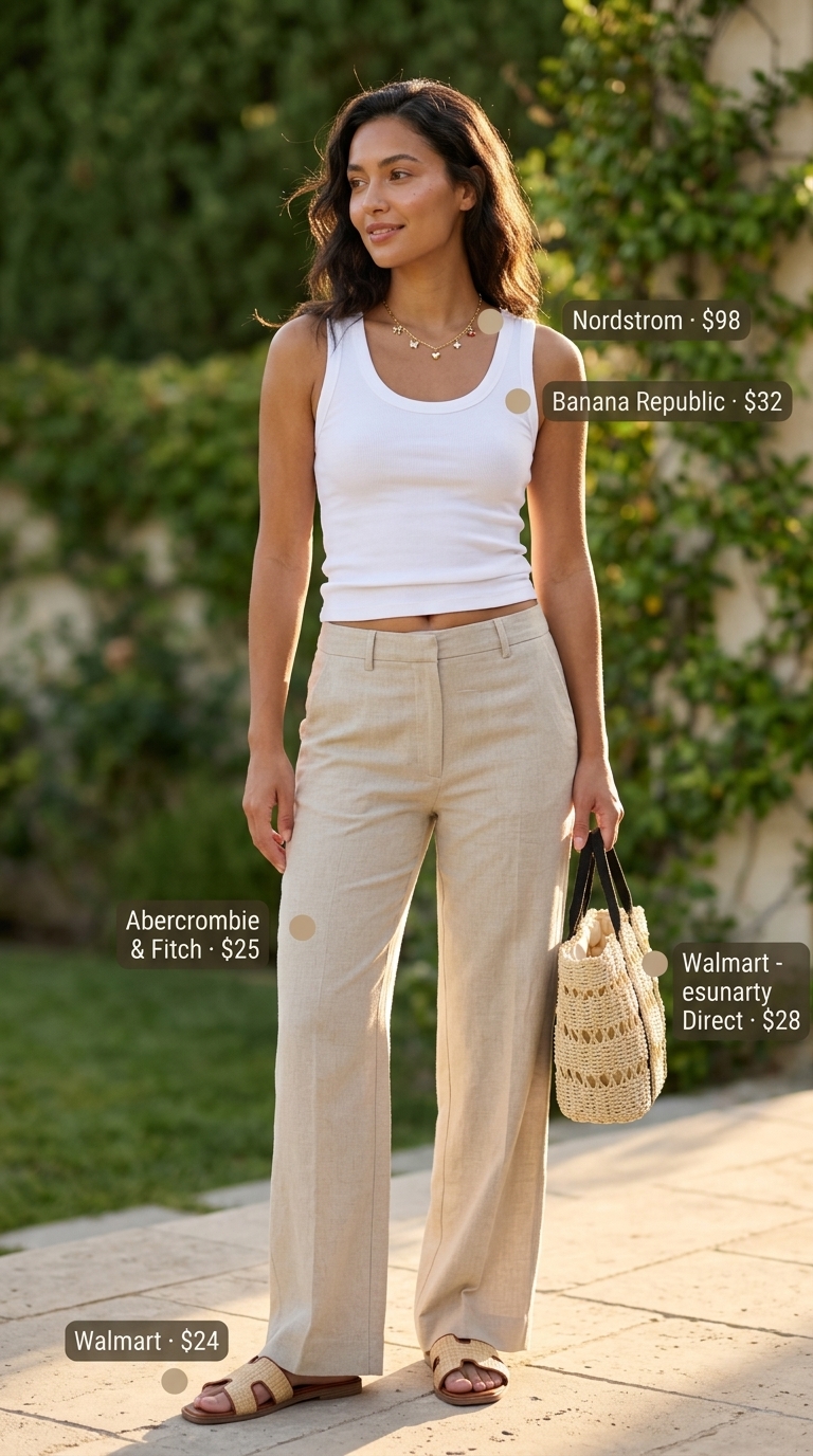 White ribbed sleeveless top with beige linen pants for a relaxed coastal outfit 2026.