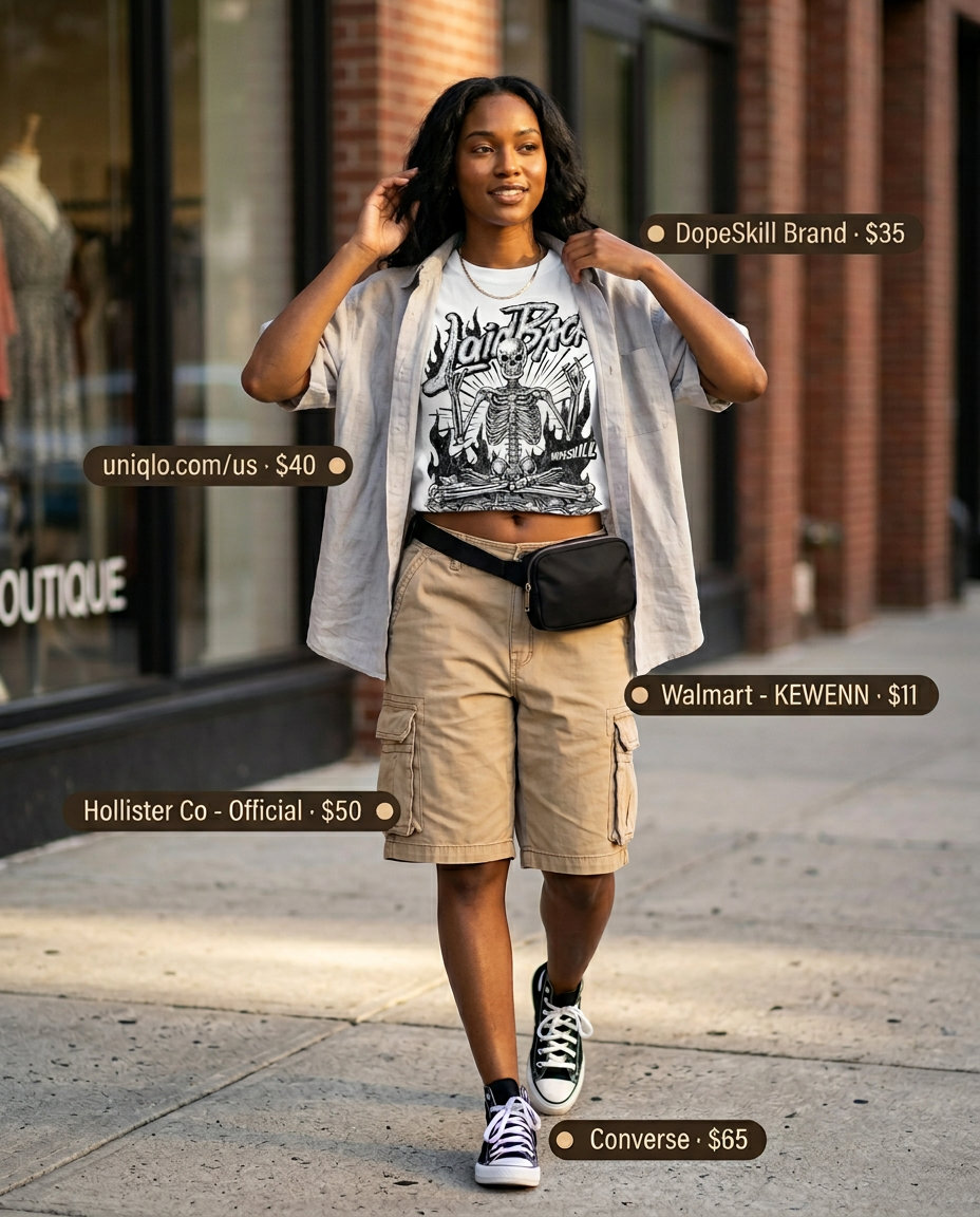Casual summer street style shorts outfit for rectangle shape: khaki cargo shorts, graphic tee, oversized shirt.