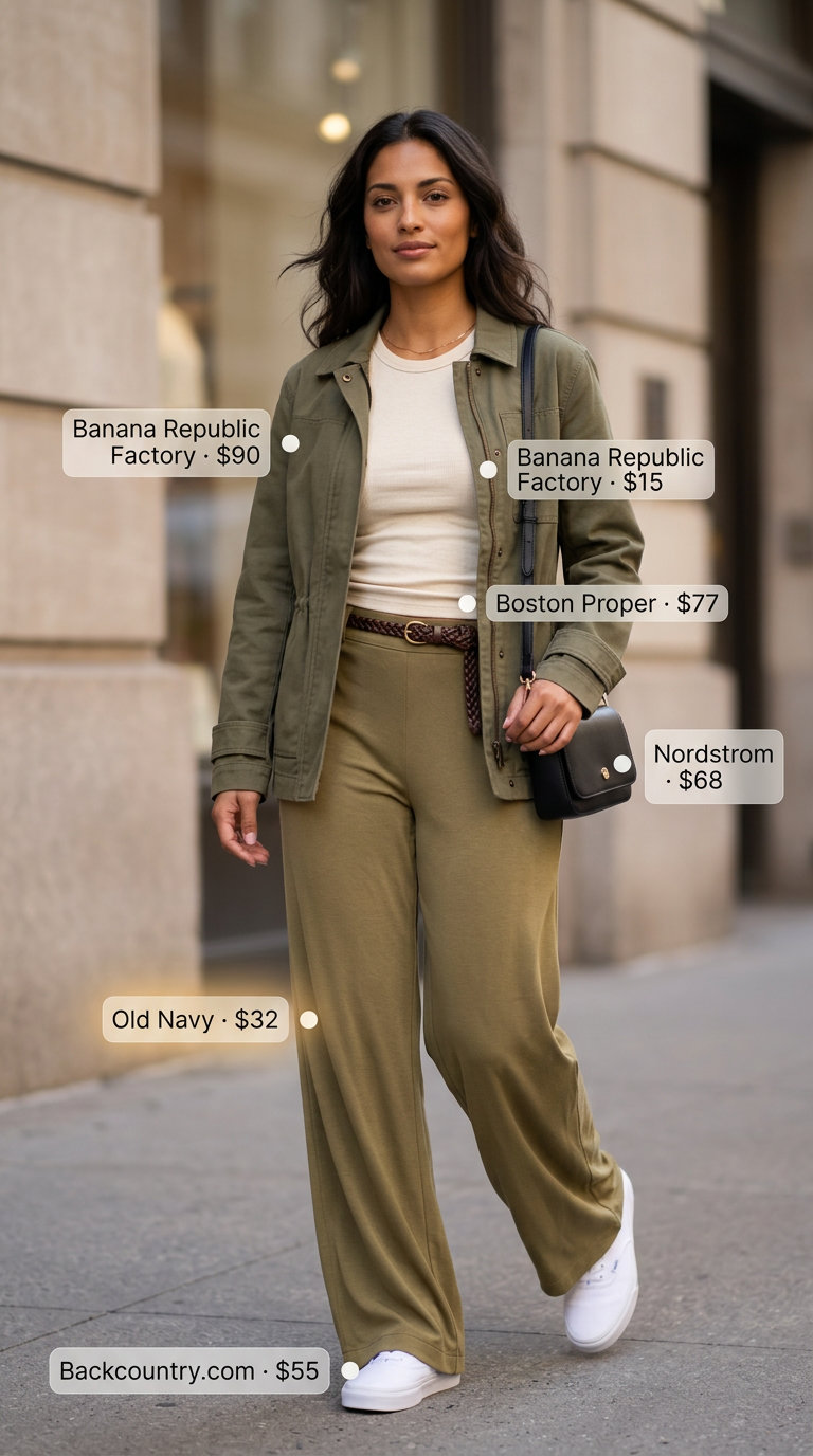 Summer street style outfit for rectangle shape: olive wide-leg pants, cream tank, khaki jacket, white sneakers.