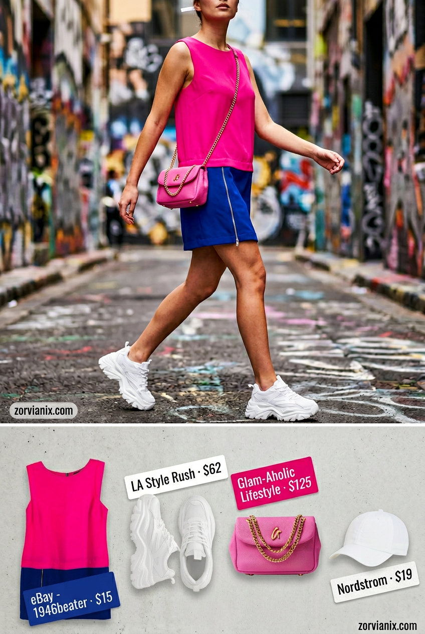 Summer Street style outfits for women with Rectangle Shape 2026: Color block mini dress & platform sneakers.