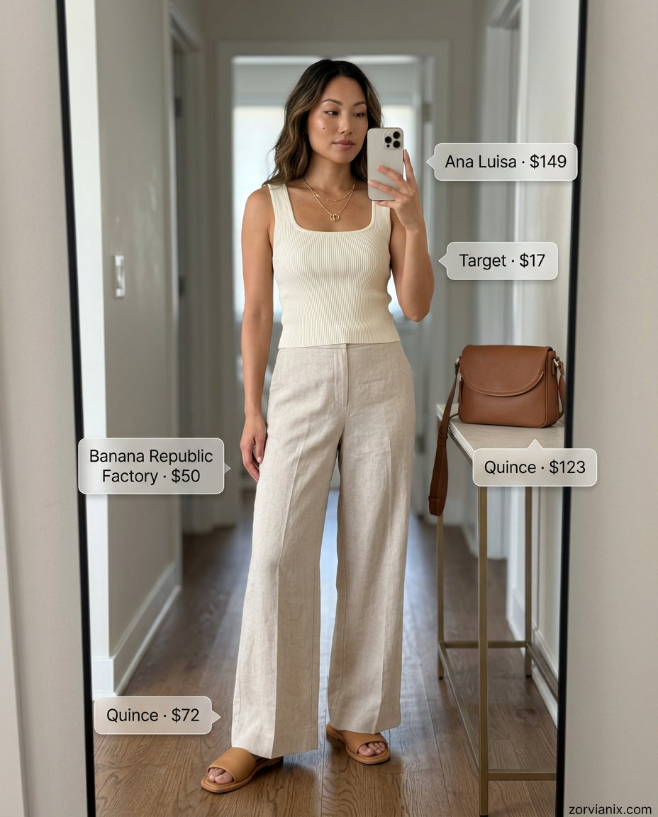 Summer Street style outfits for women with Rectangle Shape 2026: Cream linen pants, tank & slides.