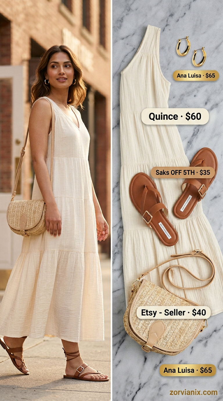 Summer Street style outfits for women with Rectangle Shape 2026: Cream maxi dress, tan sandals & straw bag.