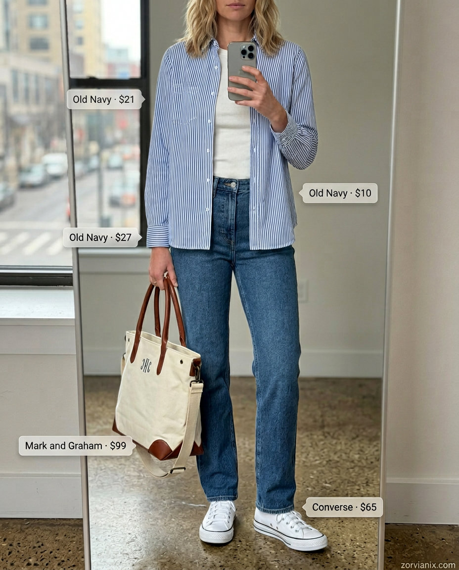 Summer Street style outfits for women with Rectangle Shape 2026: Denim shirt, jeans & white sneakers.