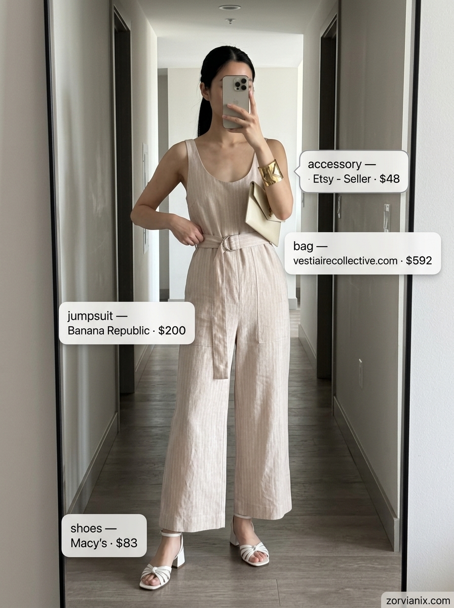 Elegant summer street style jumpsuit outfit for rectangle shape: nude beige linen jumpsuit, white sandals, gold cuff.
