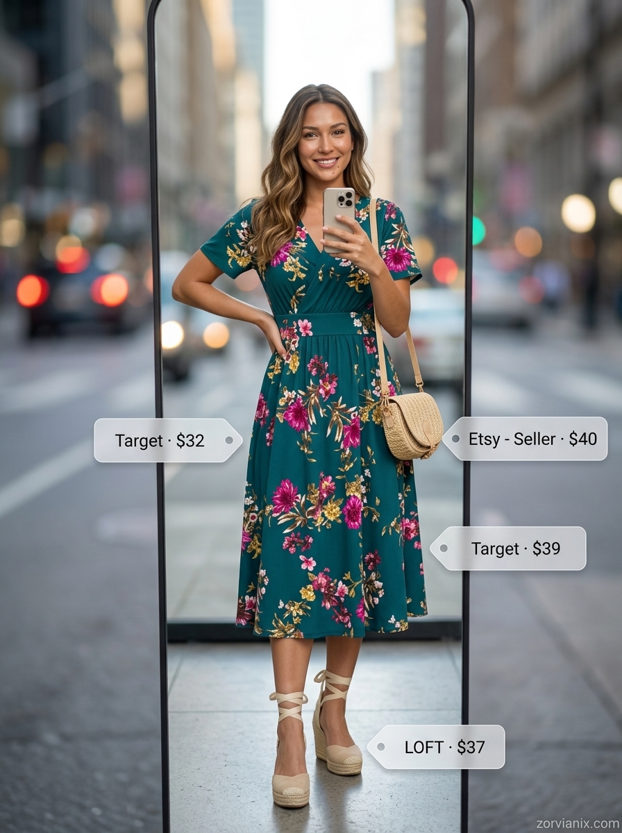 Feminine summer street style midi dress outfit for rectangle shape: green floral wrap dress, straw bag, espadrilles.