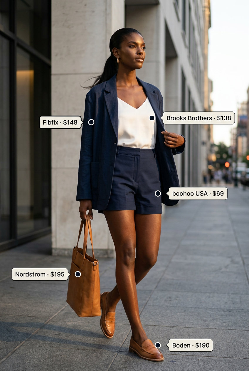 Summer Street style outfits for women with Rectangle Shape 2026: Navy linen blazer, white camisole, tan shorts & loafers.