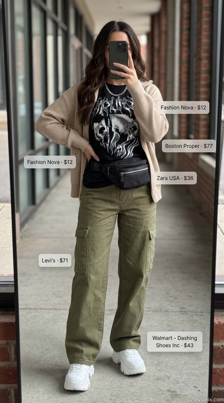 Summer Street style outfits for women with Rectangle Shape 2026: Olive cargo pants & graphic tee.