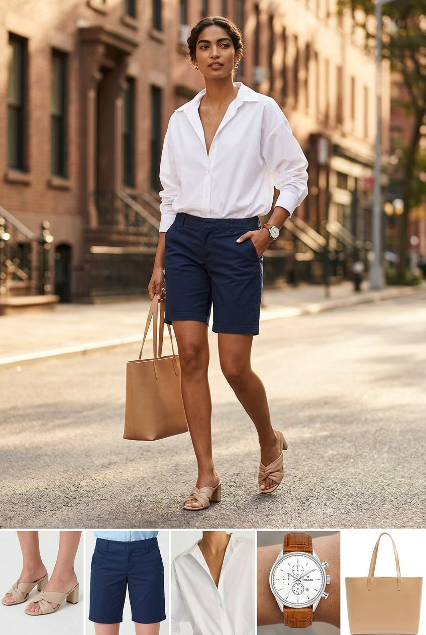 Smart casual summer street style shorts outfit for rectangle shape: navy Bermuda shorts, white shirt, block heels.