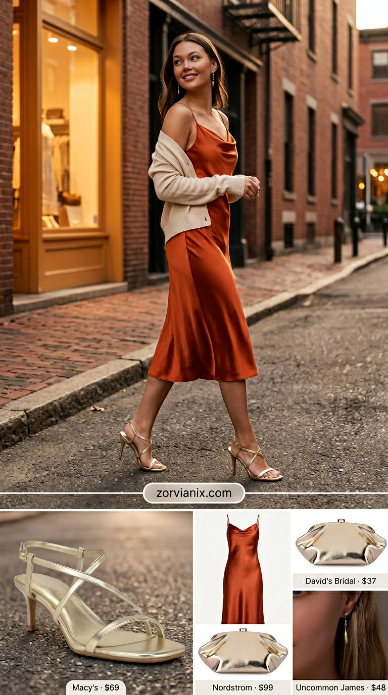 Summer Street style outfits for women with Rectangle Shape 2026: Terracotta slip dress & gold heels.