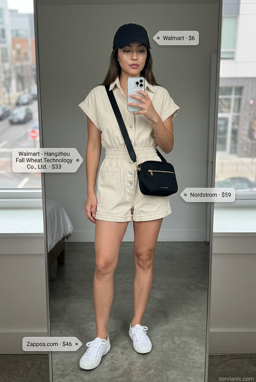 Modern summer street style romper outfit for rectangle shape: stone beige romper, white sneakers, black cap.