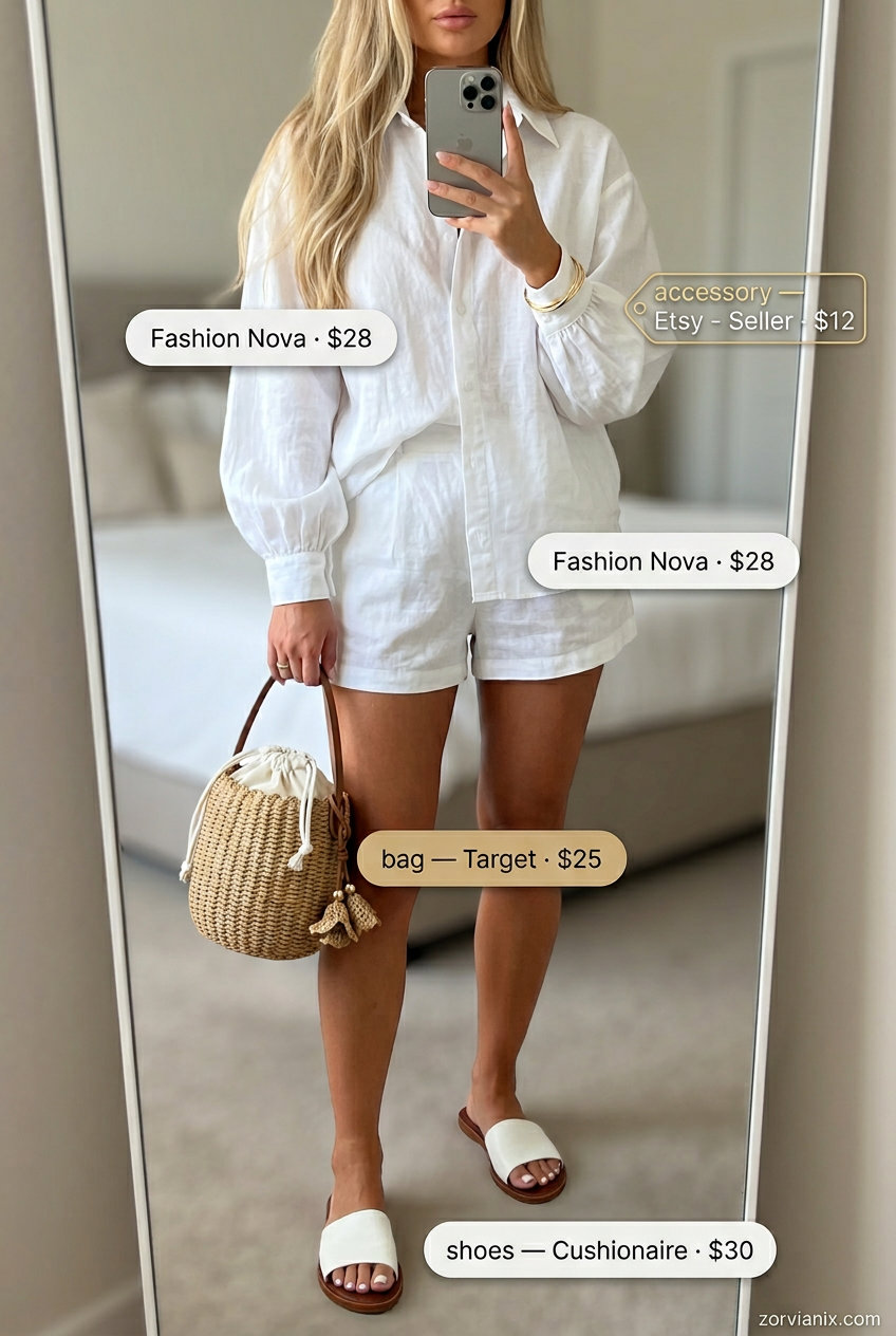 Summer Street style outfits for women with Rectangle Shape 2026: White linen set & straw bag.