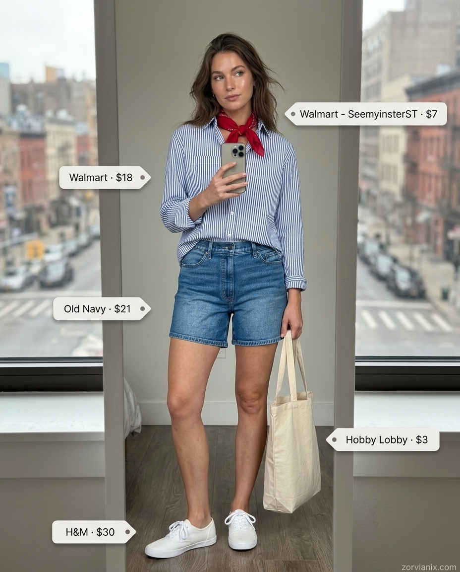 Denim shorts, striped tee, and red bandana for summer street style outfits for women with rectangle shape 2026.