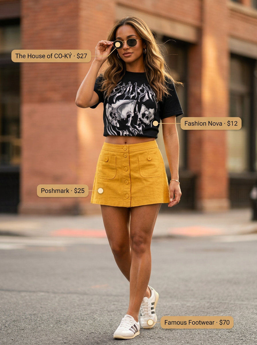 Mustard yellow mini skirt and graphic tee for summer street style outfits for women with rectangle shape 2026.