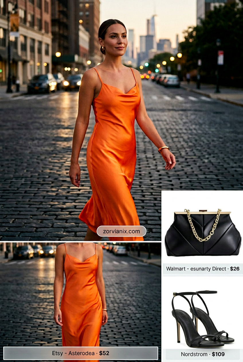 Sunset orange slip dress with gold jewelry for summer street style outfits for women with rectangle shape 2026.