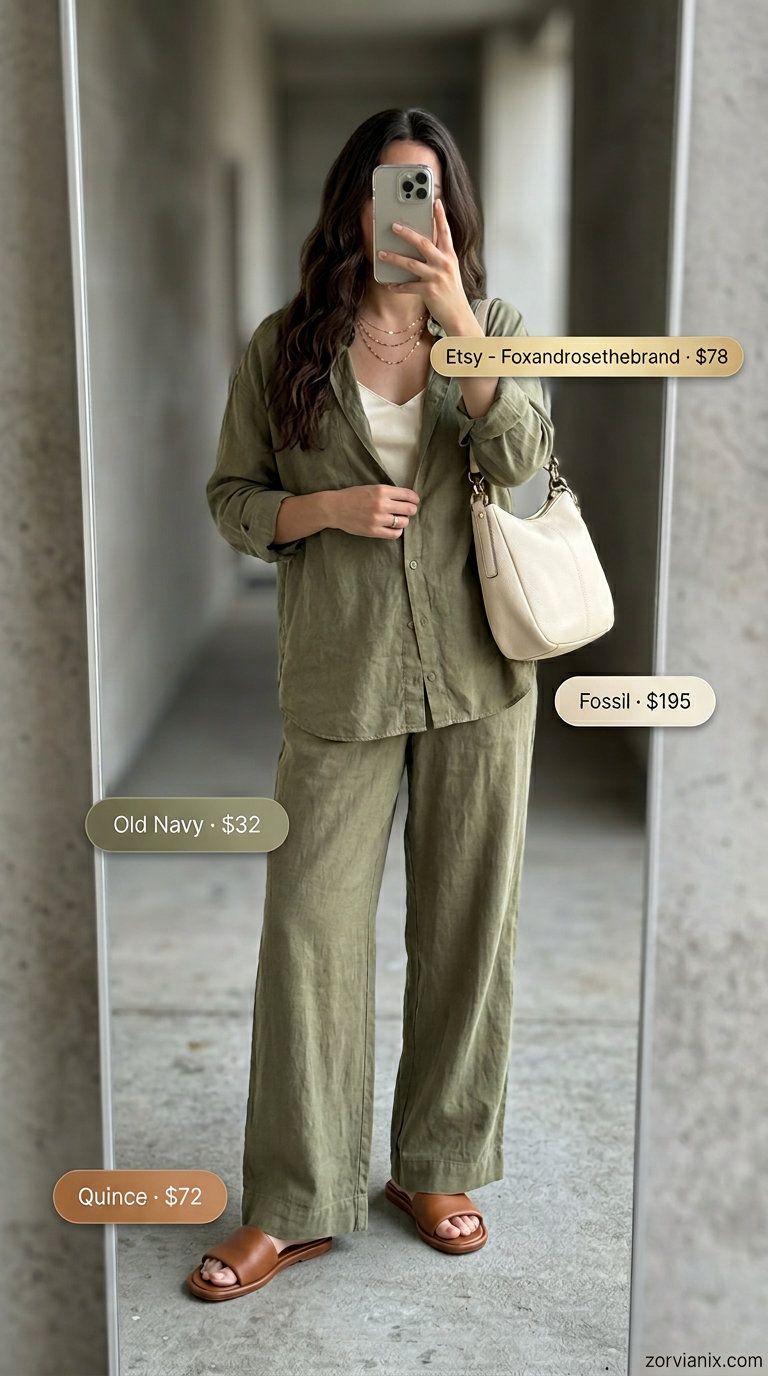 Olive green linen matching set for summer street style outfits for women with rectangle shape 2026.