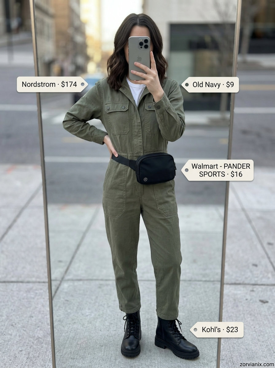 Khaki green utility jumpsuit with black boots for summer street style outfits for women with rectangle shape 2026.