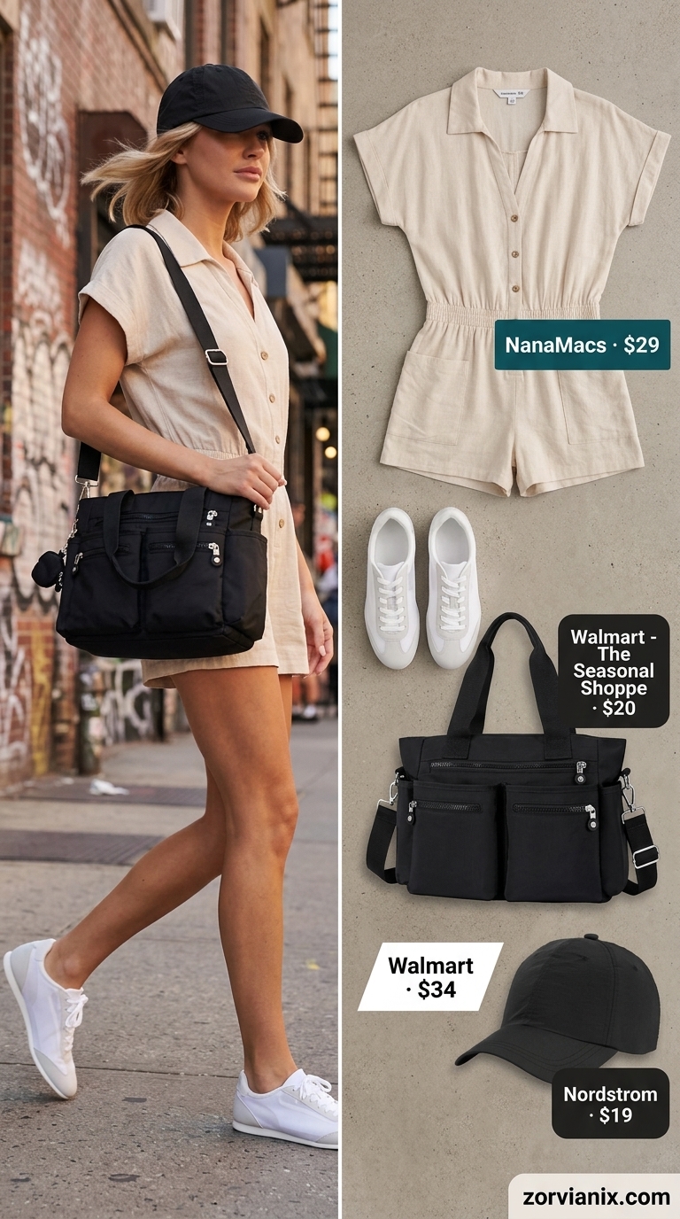Elevated athleisure romper for women 2026: soft beige utility romper, black crossbody, white sneakers, black cap.