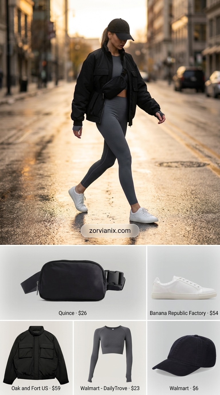 Athletic urban flow matching set 2026: grey ribbed set, bomber jacket, belt bag, white sneakers, black cap.