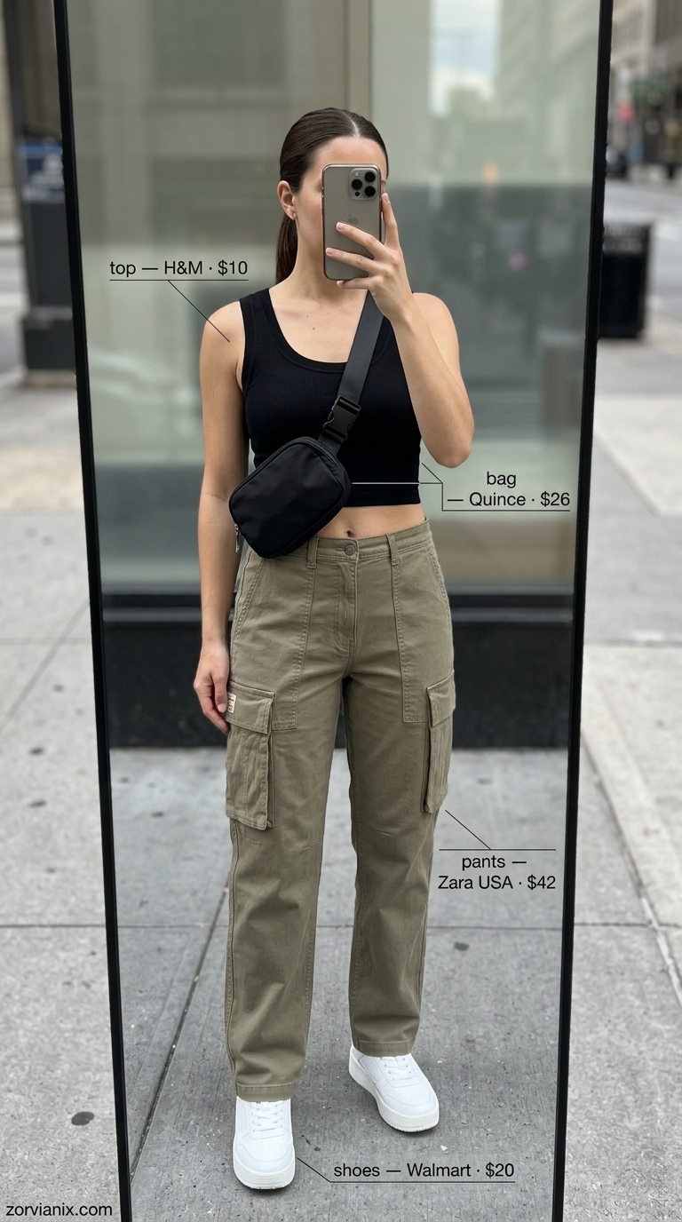 Khaki cargo pants with black crop top, chunky sneakers, and belt bag for summer streetwear 2026.