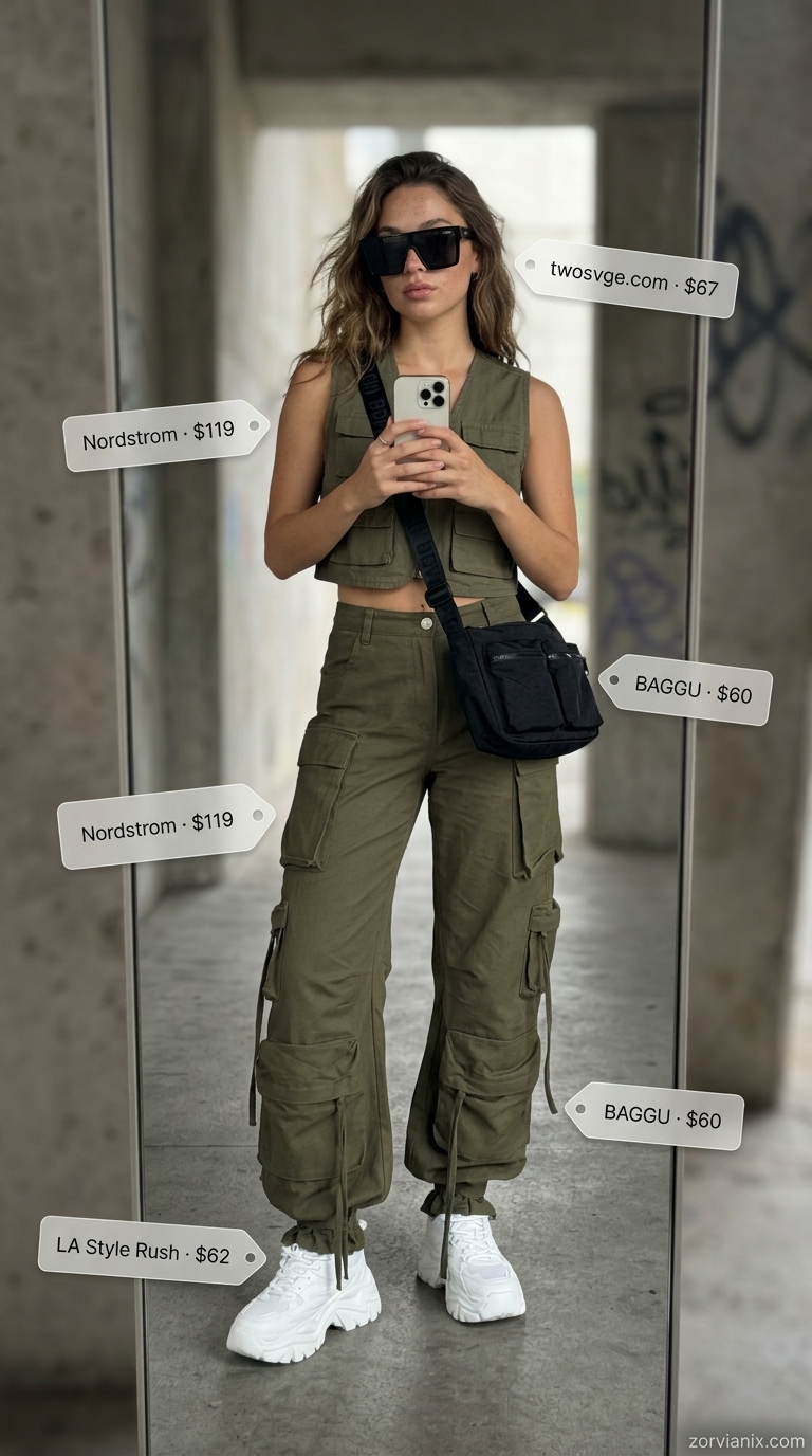 Olive green cargo set with white sneakers and black crossbody bag for summer streetwear 2026.