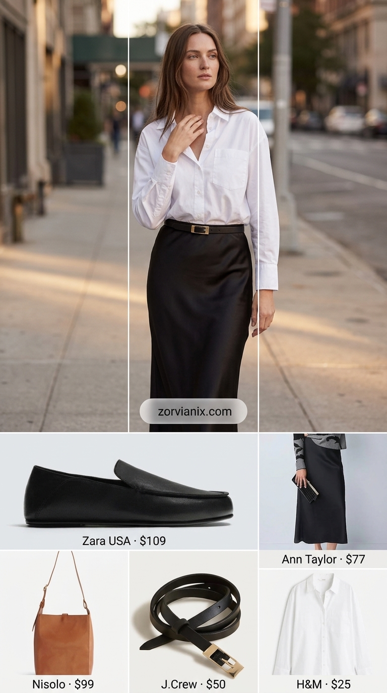 Black satin midi skirt with oversized white shirt, black loafers, and tan bag for summer streetwear 2026.