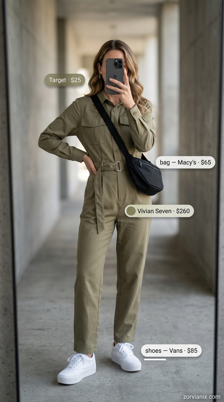 Summer streetwear for women 2026: Khaki utility jumpsuit, chunky sneakers, crossbody bag.