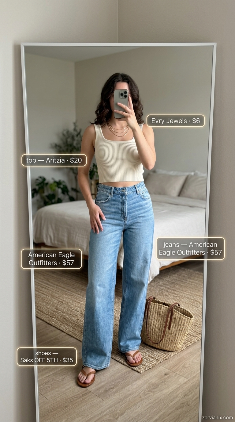 Summer streetwear for women 2026: Wide-leg jeans, ribbed tank, straw tote, slide sandals.