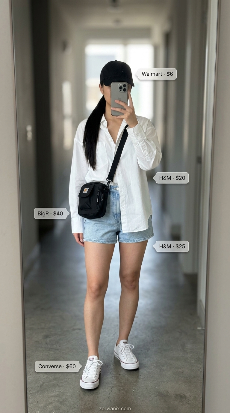 City explorer denim shorts outfit 2026: high-waisted shorts, oversized white shirt, black cap, canvas bag, white sneakers.