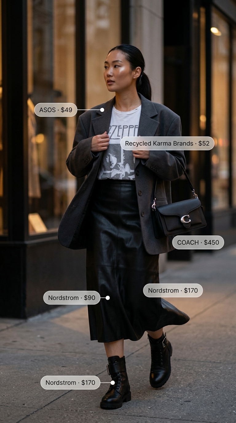 Downtown cool girl outfit 2026: faux leather skirt, oversized blazer, graphic tee, combat boots, shoulder bag.