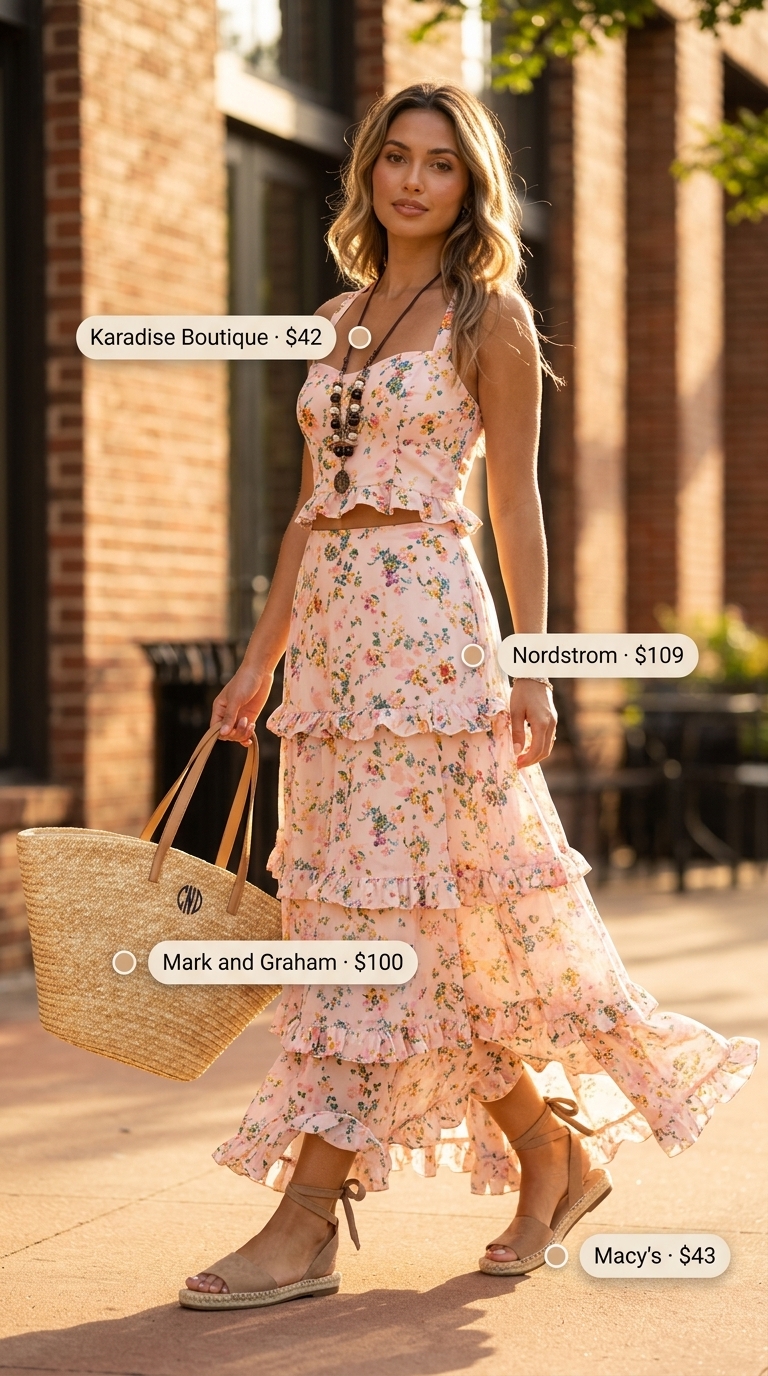 Summer breeze maxi dress outfit 2026: floral print dress, straw tote, layered necklaces, espadrille sandals.