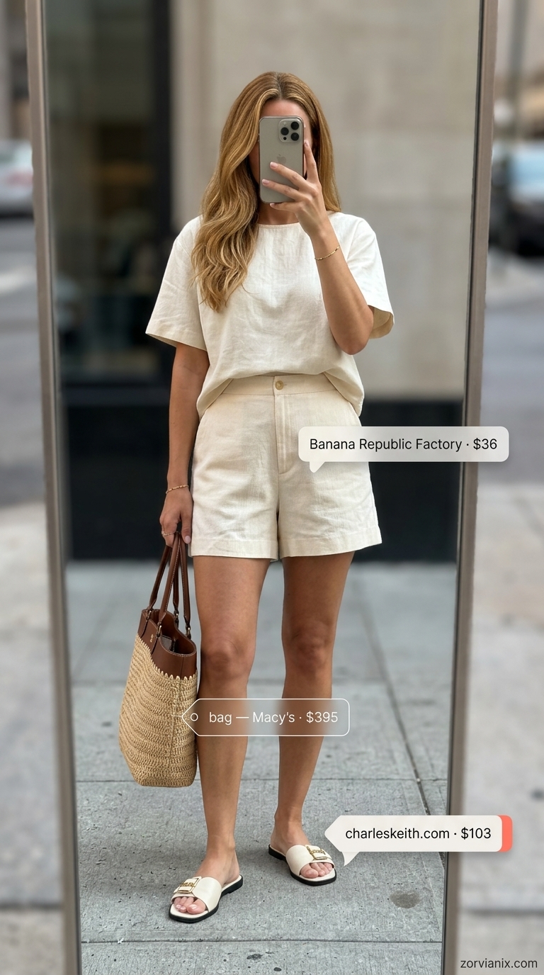 Cream linen shorts set with beige slides and straw tote for summer streetwear for women 2026.