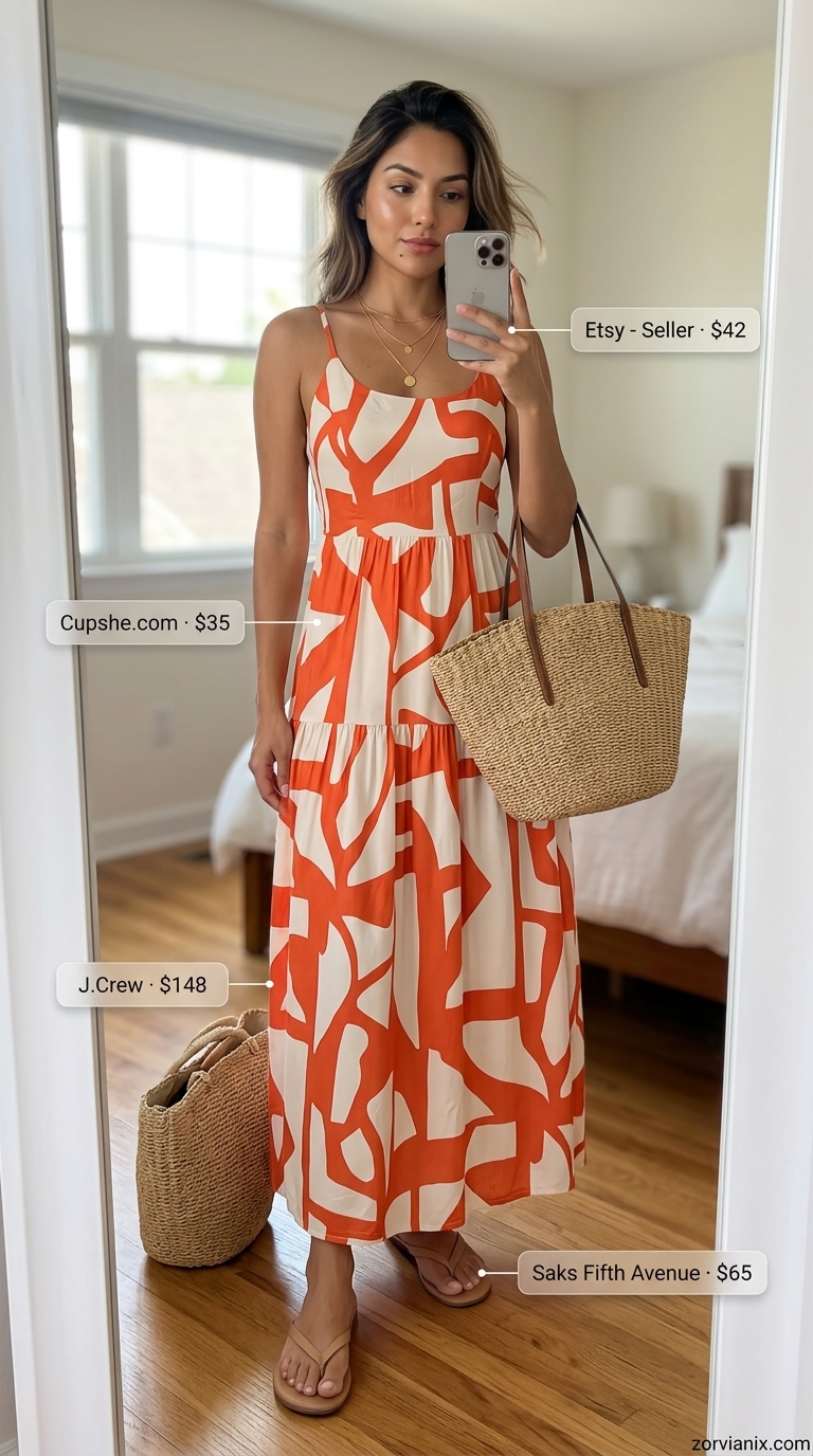 Sunset orange maxi dress with straw tote and gold necklaces for summer streetwear for women 2026.