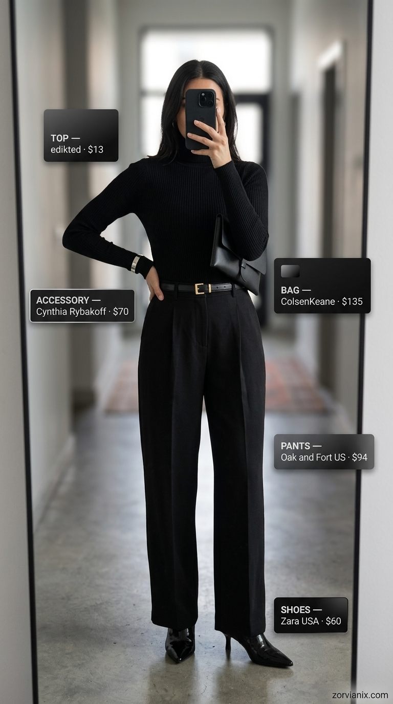 Summer streetwear for women 2026: All-black wide-leg pants, mock neck top, heeled boots.
