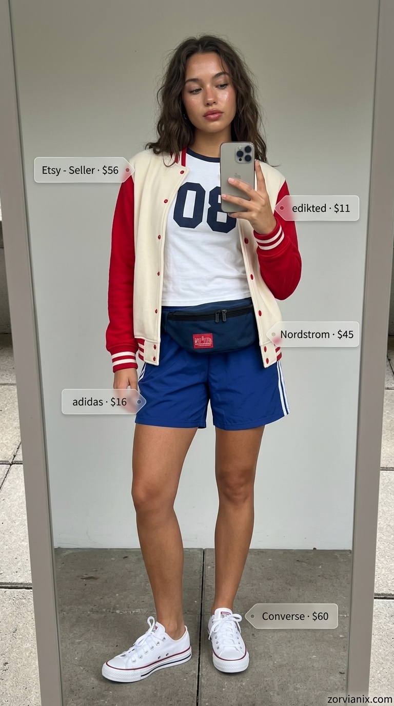 Summer streetwear for women 2026: Bomber jacket, graphic tee, athletic shorts, sneakers.