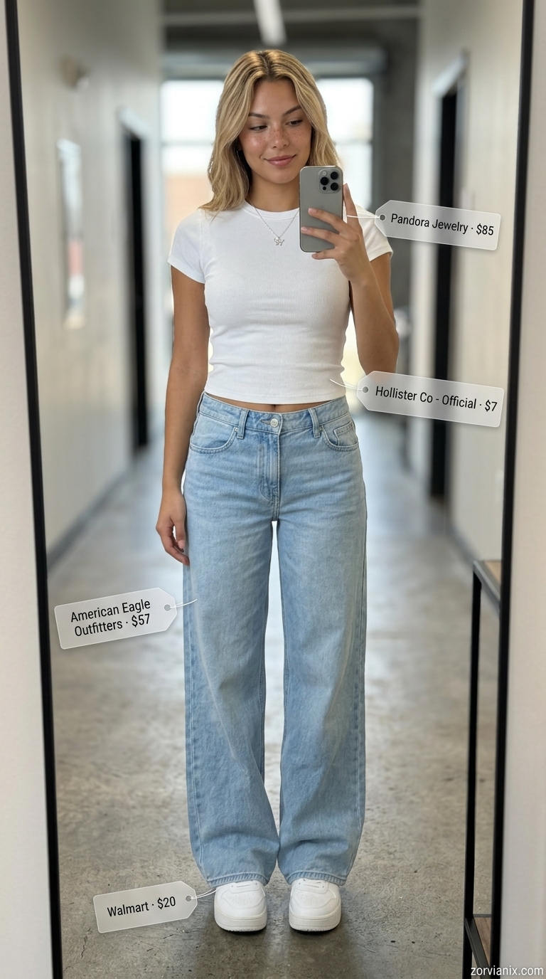 Summer streetwear for women 2026: Baggy jeans, baby tee, metallic bag, platform sneakers.