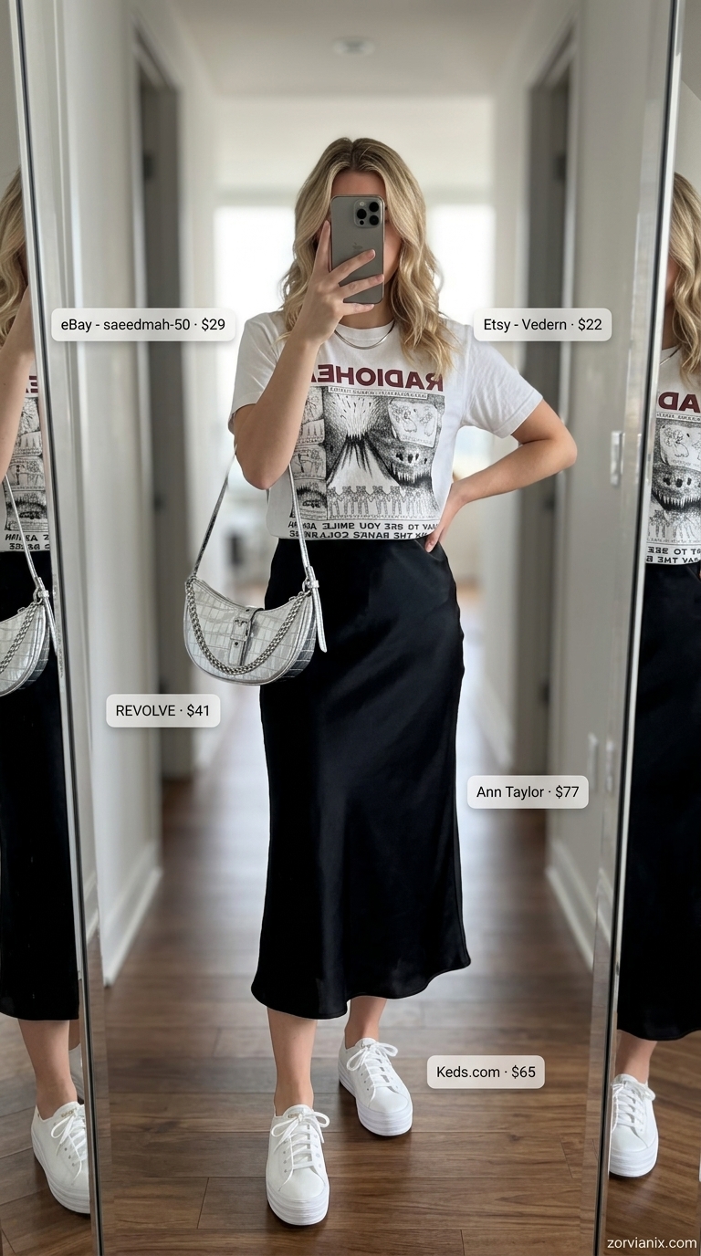 Black slip skirt with graphic tee, chunky sneakers, and chain bag for summer streetwear 2026.