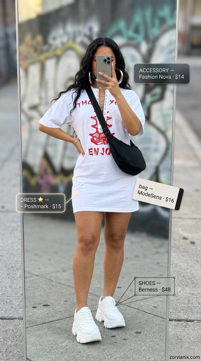 Summer streetwear for women 2026: Graphic t-shirt dress, chunky sneakers, crossbody bag.