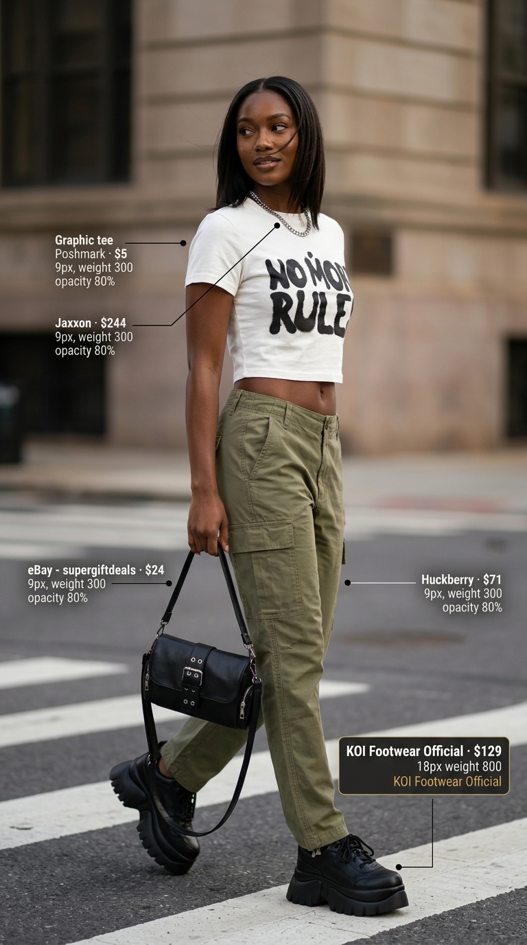 Summer streetwear for women 2026: Olive cargo pants, graphic tee, chunky sneakers, silver necklace.