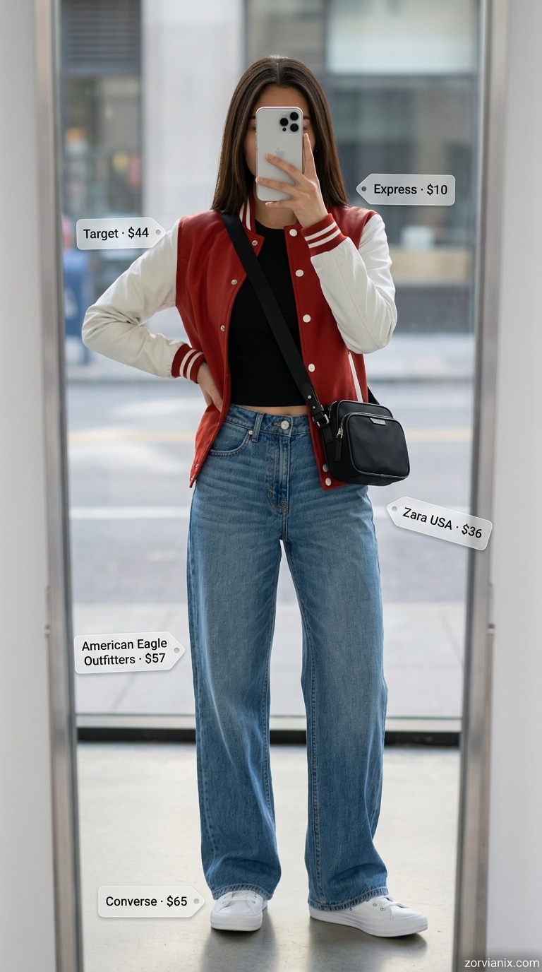 Summer streetwear for women 2026: Wide-leg jeans, bomber jacket, ribbed tank, sneakers.
