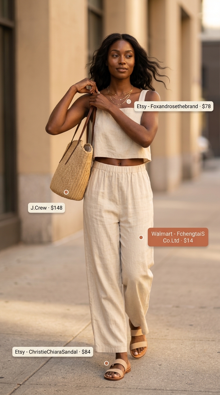 Weekend vibes linen set 2026: cream cropped pants, tank top, leather slides, layered necklaces, straw tote.