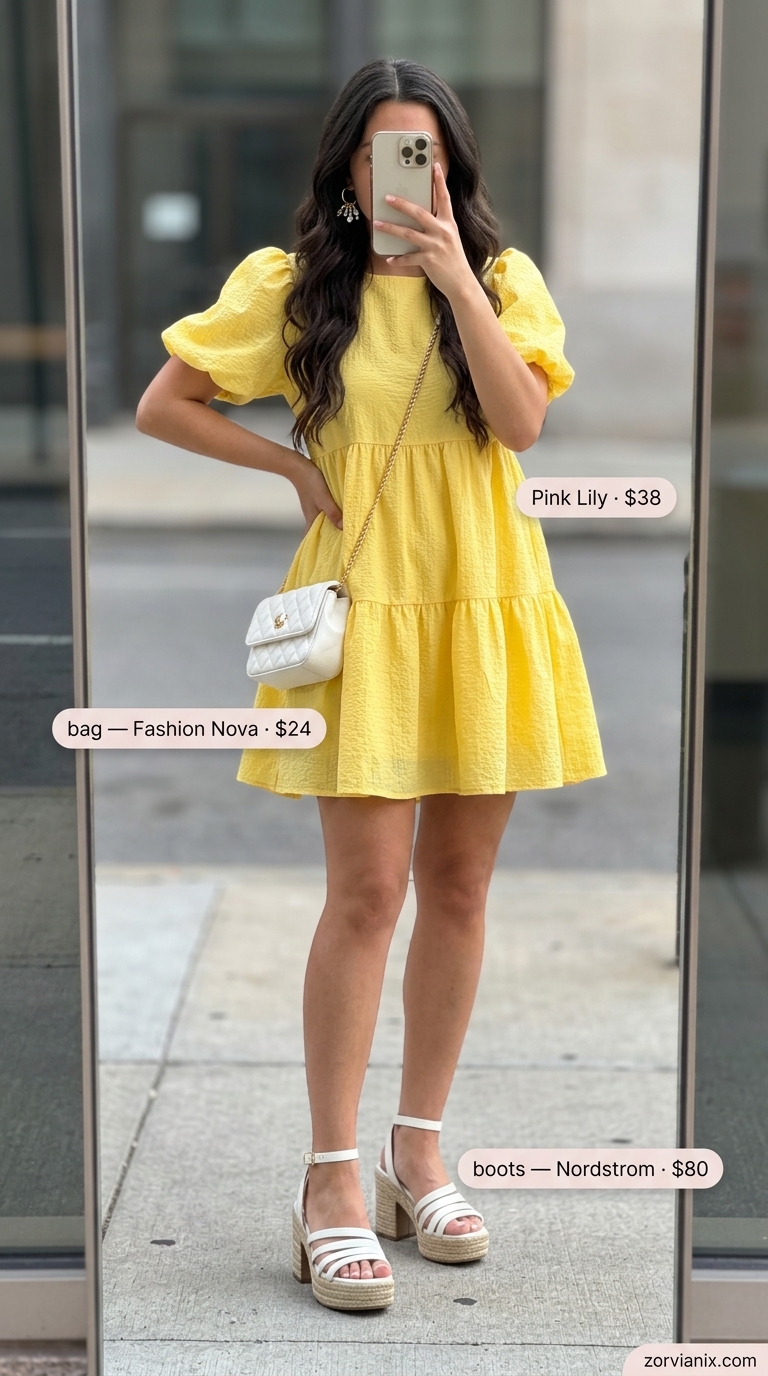 Bright yellow babydoll mini dress outfit 2026: puff sleeves, platform sandals, mini shoulder bag, gold earrings.
