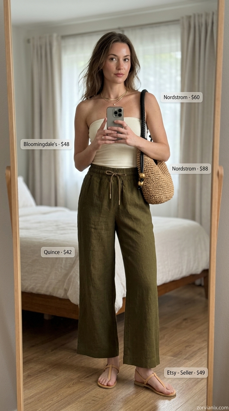 Summer tube top outfits for women 2026: Cream tube top with sage green linen pants for coastal vibes.