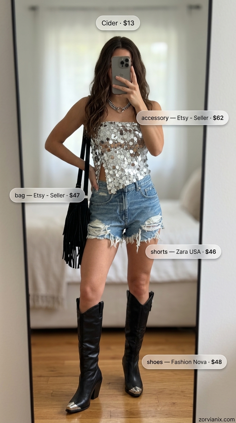 Summer tube top outfits for women 2026: Sparkly sequin tube top with denim shorts for music festivals.