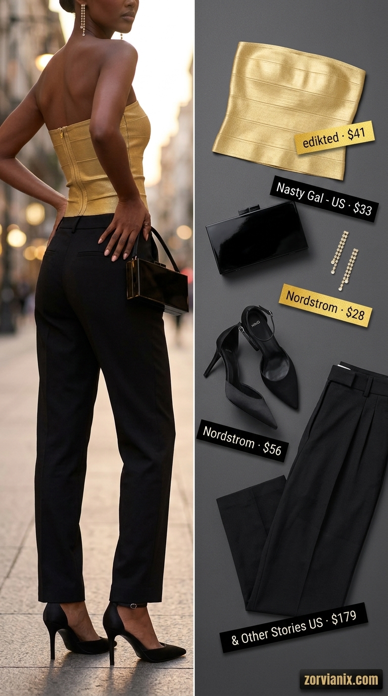 Summer tube top outfits for women 2026: Gold metallic tube top with black tailored trousers for parties.