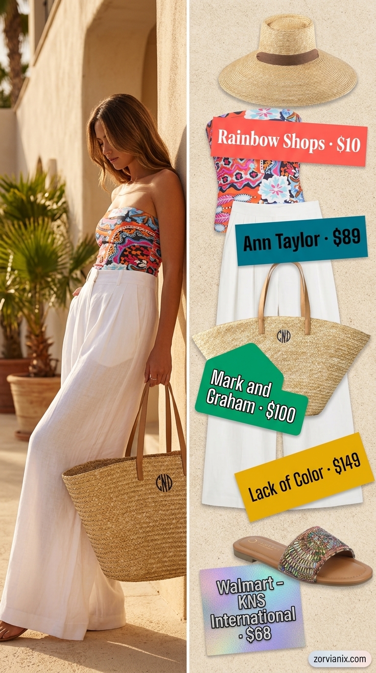 Summer tube top outfits for women 2026: Bold geometric print tube top with white palazzo pants for poolside lounging.