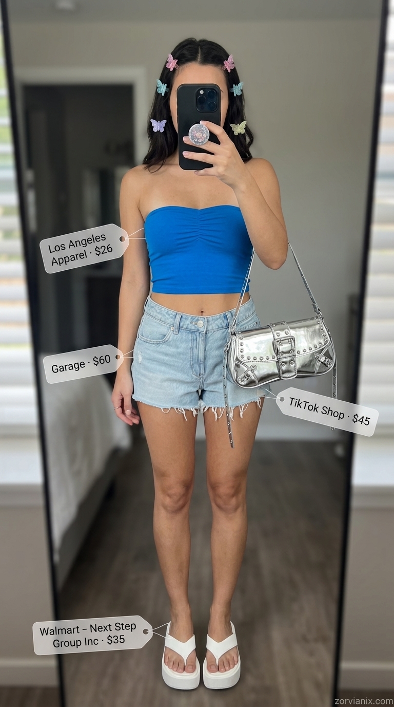 Summer tube top outfits for women 2026: Bright blue tube top with denim shorts for a playful festival look.