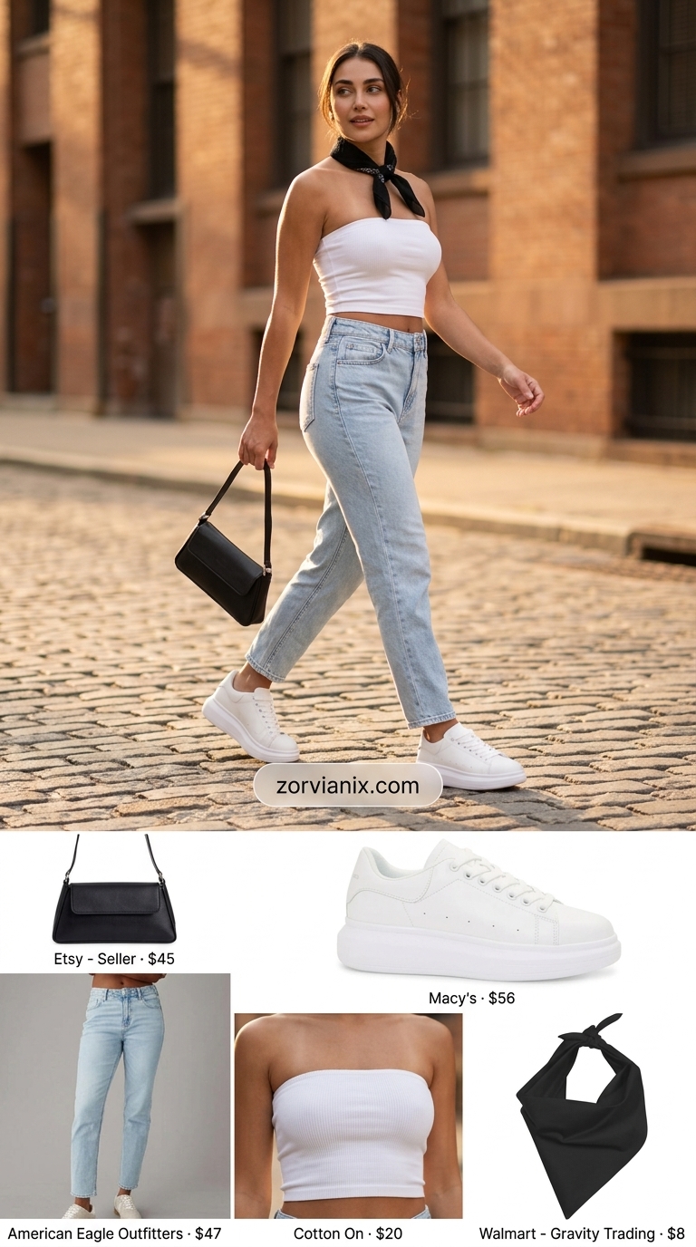 Summer tube top outfits for women 2026: Black ribbed tube top with mom jeans for a retro vibe.