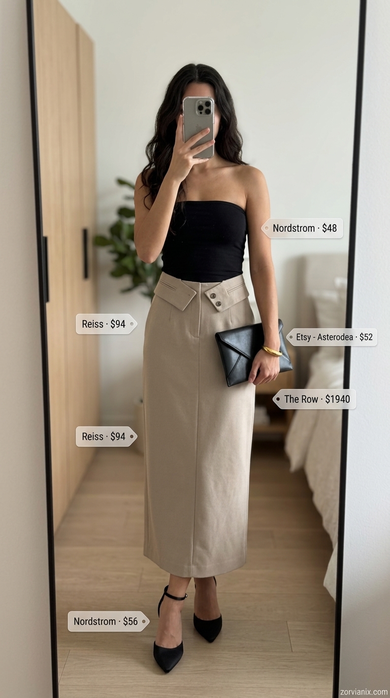 Summer tube top outfits for women 2026: Black tube top with beige pencil skirt for sophisticated events.