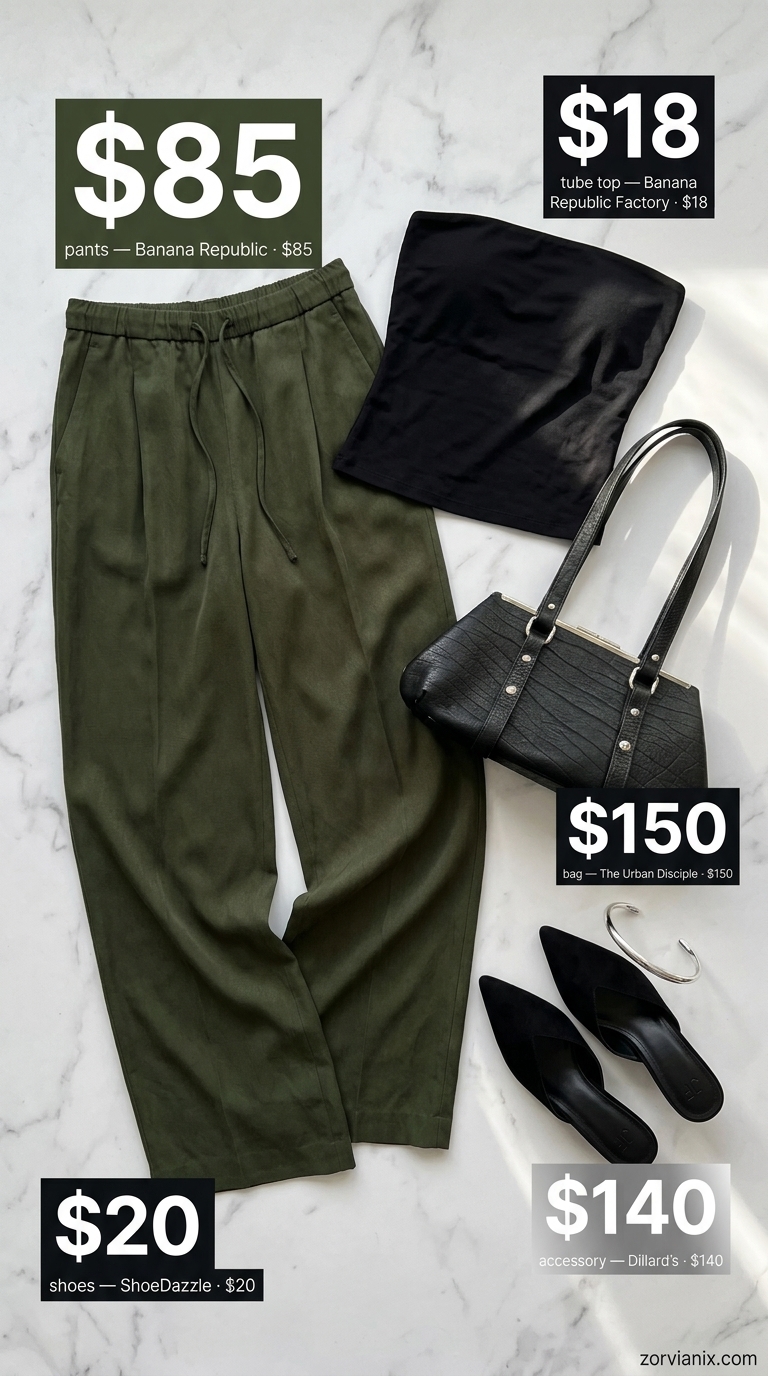 Summer tube top outfits for women 2026: Black seamless tube top with olive green wide-leg trousers for evening.