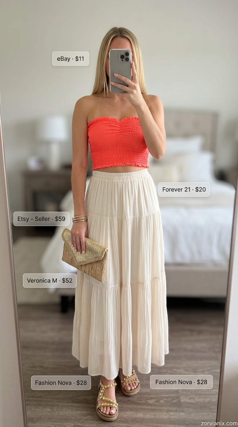 Summer tube top outfits for women 2026: Coral tube top with flowy maxi skirt for vacation dinners.